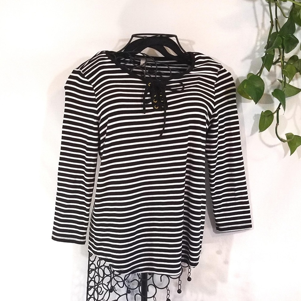 Black and White Stripe Sailor Tie Front Boho Shirt